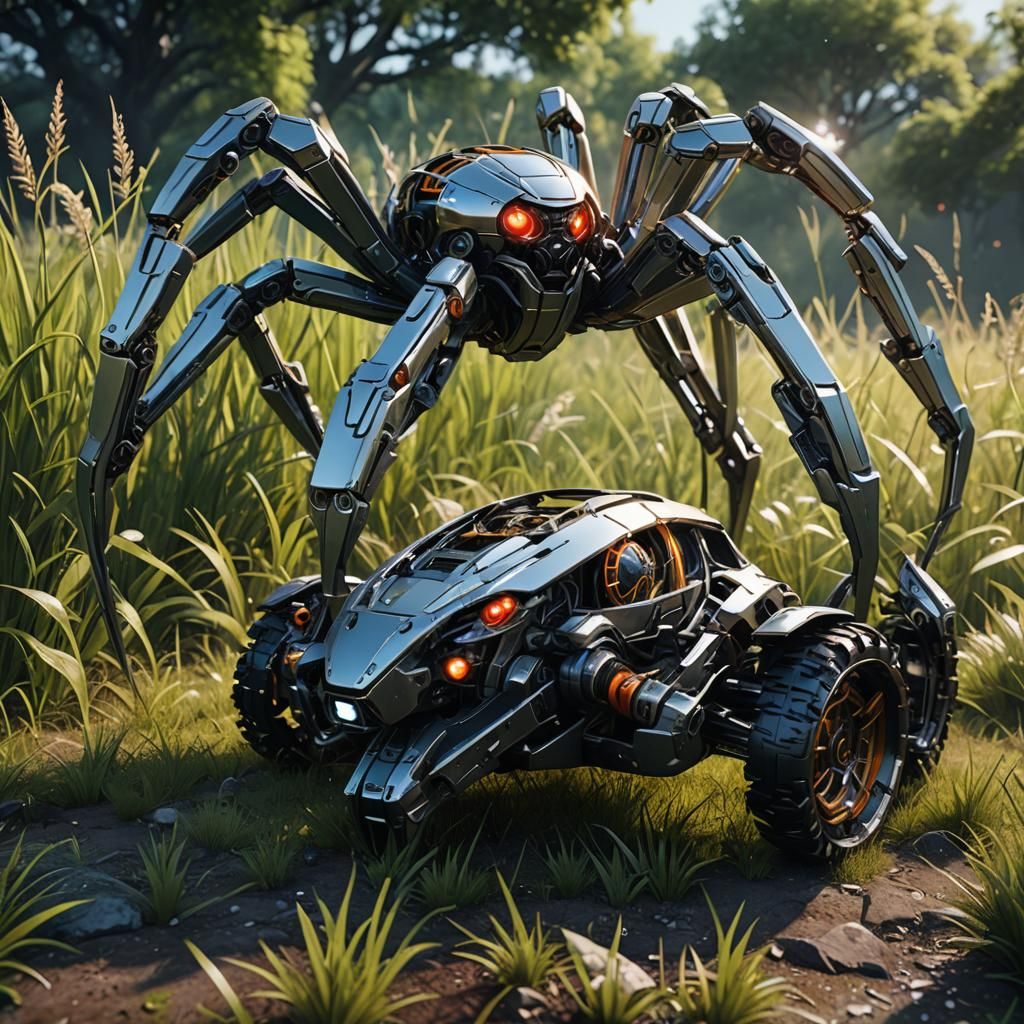 Futuristic Car Spider Mecha in Sci-Fi Landscape