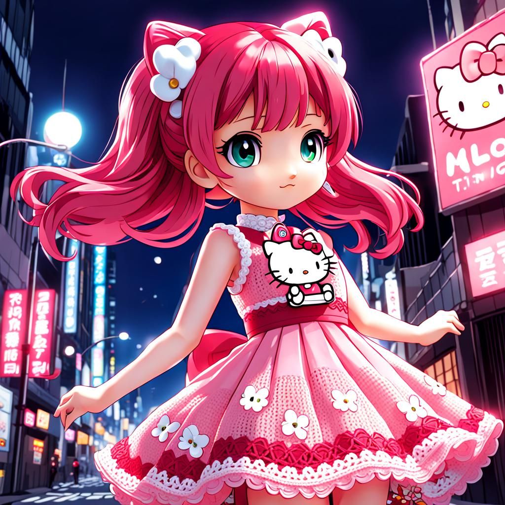 Anime Girl in Crochet Hello Kitty Dress