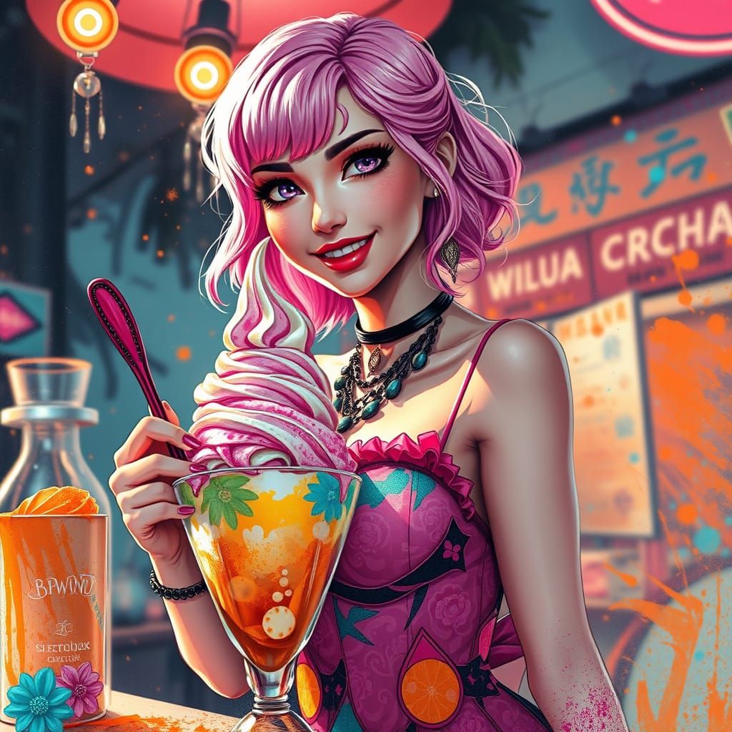 Pink-Haired Woman Crafts Sundae in Alcohol Ink Style