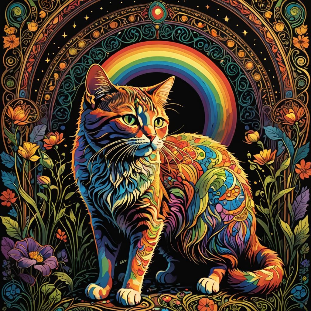 Psychedelic Rainbow Cat in Art Nouveau Style