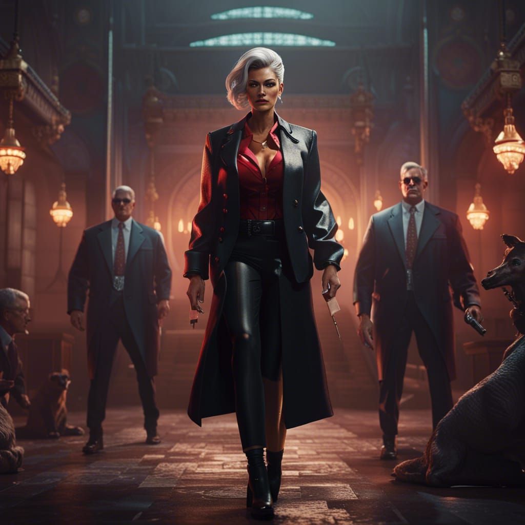 Female Mafia Boss with Bodyguards: Detailed Matte Painting