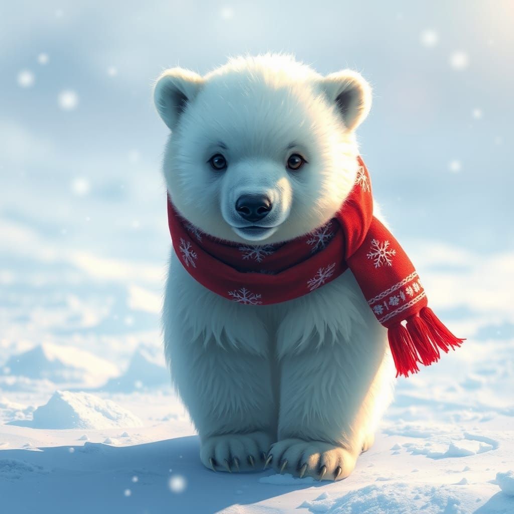 Fluffy Polar Bear Cub in Winter Snowscape