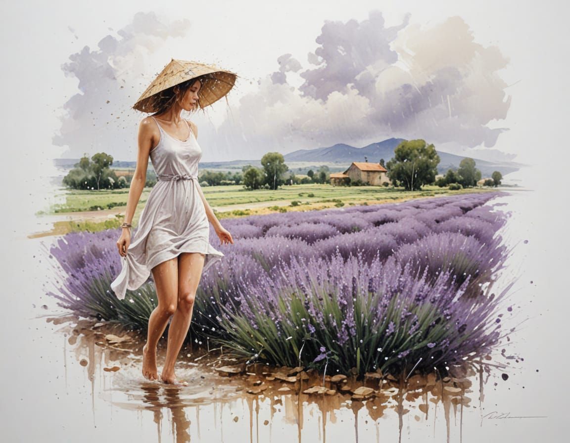 Summer Rain on Lavender Meadow: Watercolor Style