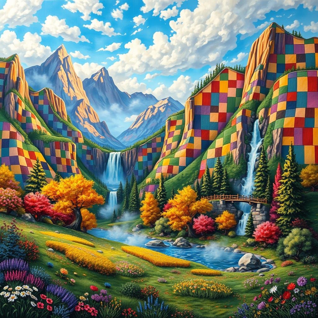 Surreal Quilted Landscape of Whimsical Mountains and Waterfa...