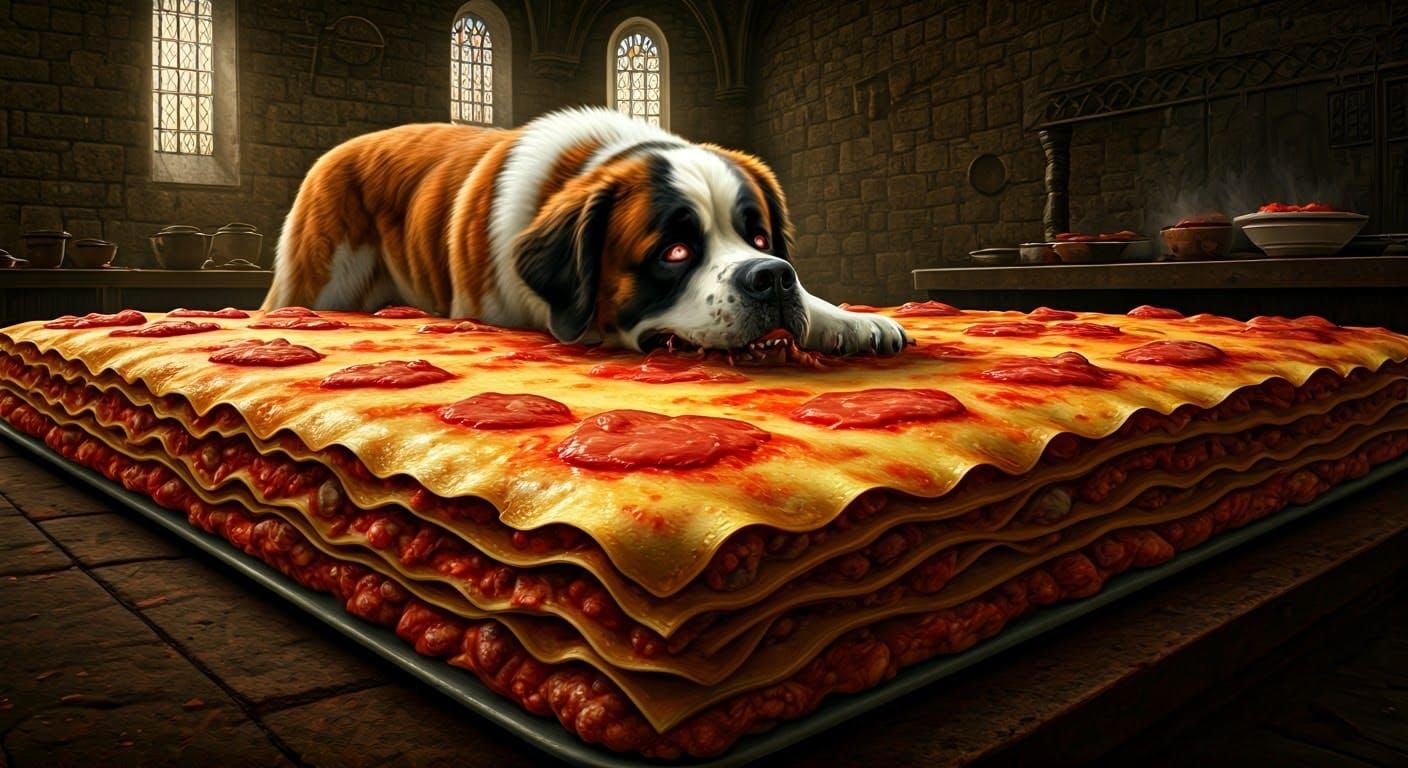 Frenetic Saint Bernard Consumes Giant Lasagna