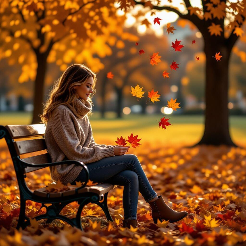 Autumn Serenity: Woman with Maple Leaves