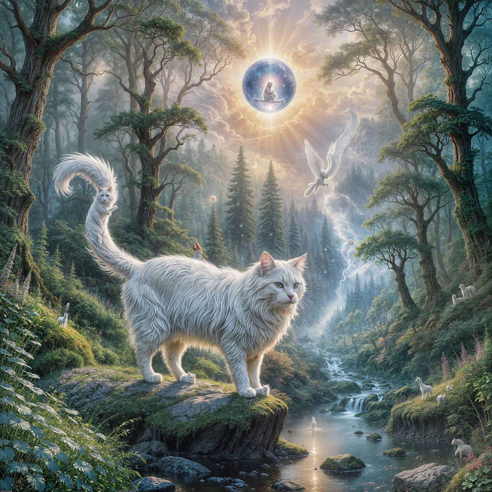 Whimsical White Cat in Enchanted Wilderness