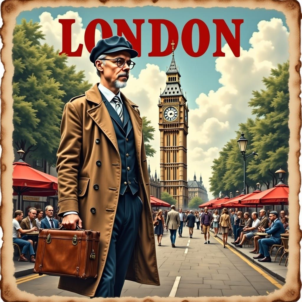 Vintage London Travel Poster with Stylish Man