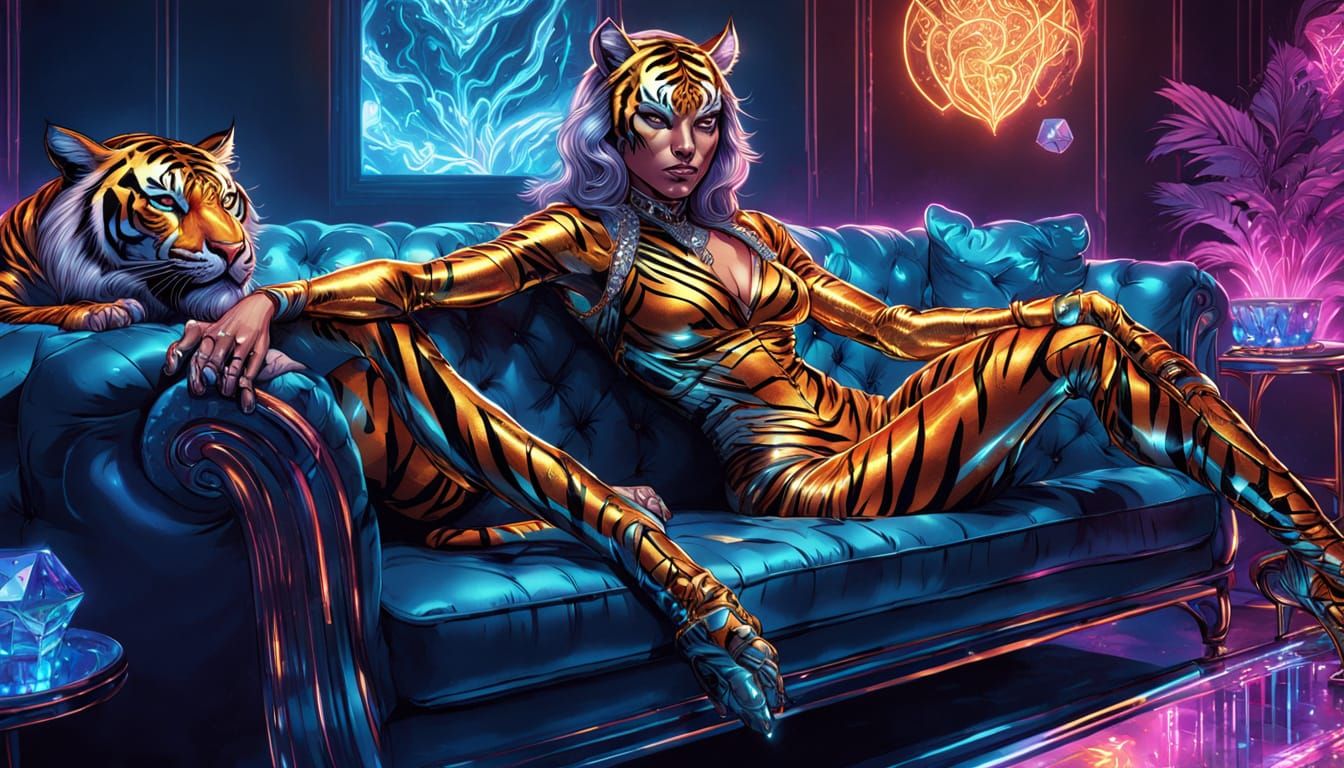 Tigerwoman on Luxury Couch in Comic Book Art Style