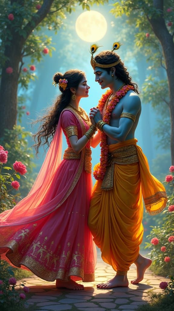 Radha and Krishna Dance in Enchanted Forest