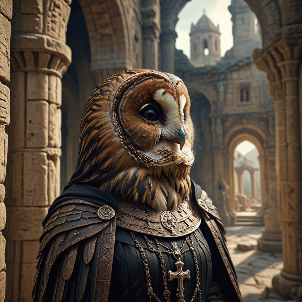 Tawny Owl in Nun's Habit: Hyperrealistic Concept Art