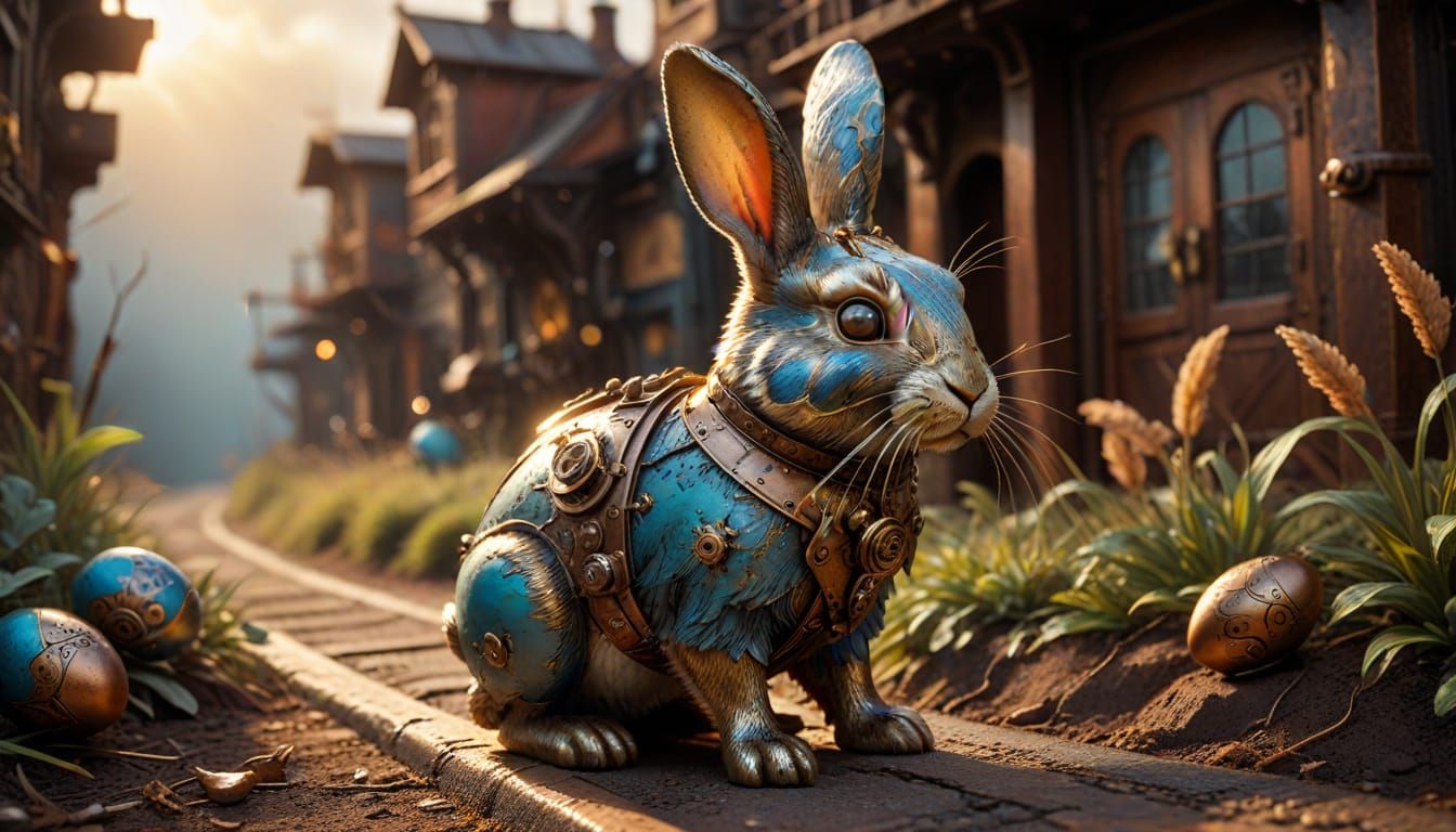 Steampunk Easter Bunny Hops Down a Whimsical Road