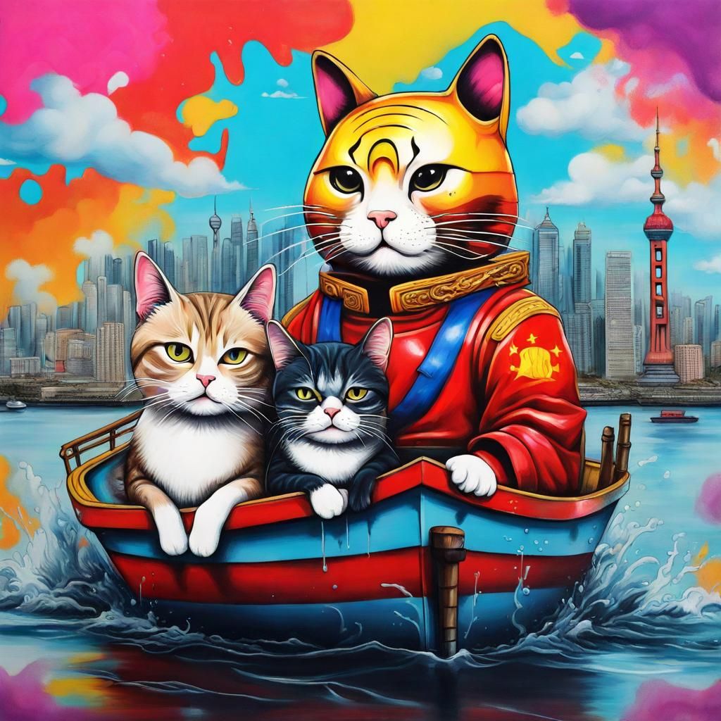 Xi Jinping and Cat on Boat in Graffiti Style