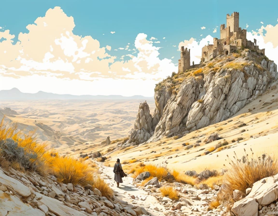 Arid Rocky Landscape with Pilgrim and Castle Ruins