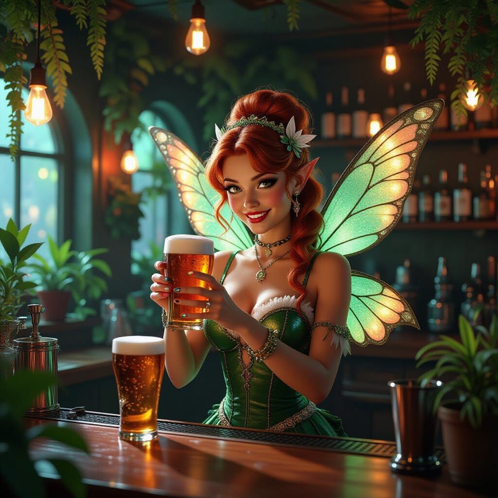The Pixie Pub: A Fairy Dive Bar in Digital Painting Style