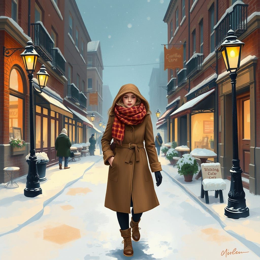 Serene Woman Walks Down Whimsical Snowy Street in Cozy, Atmo...