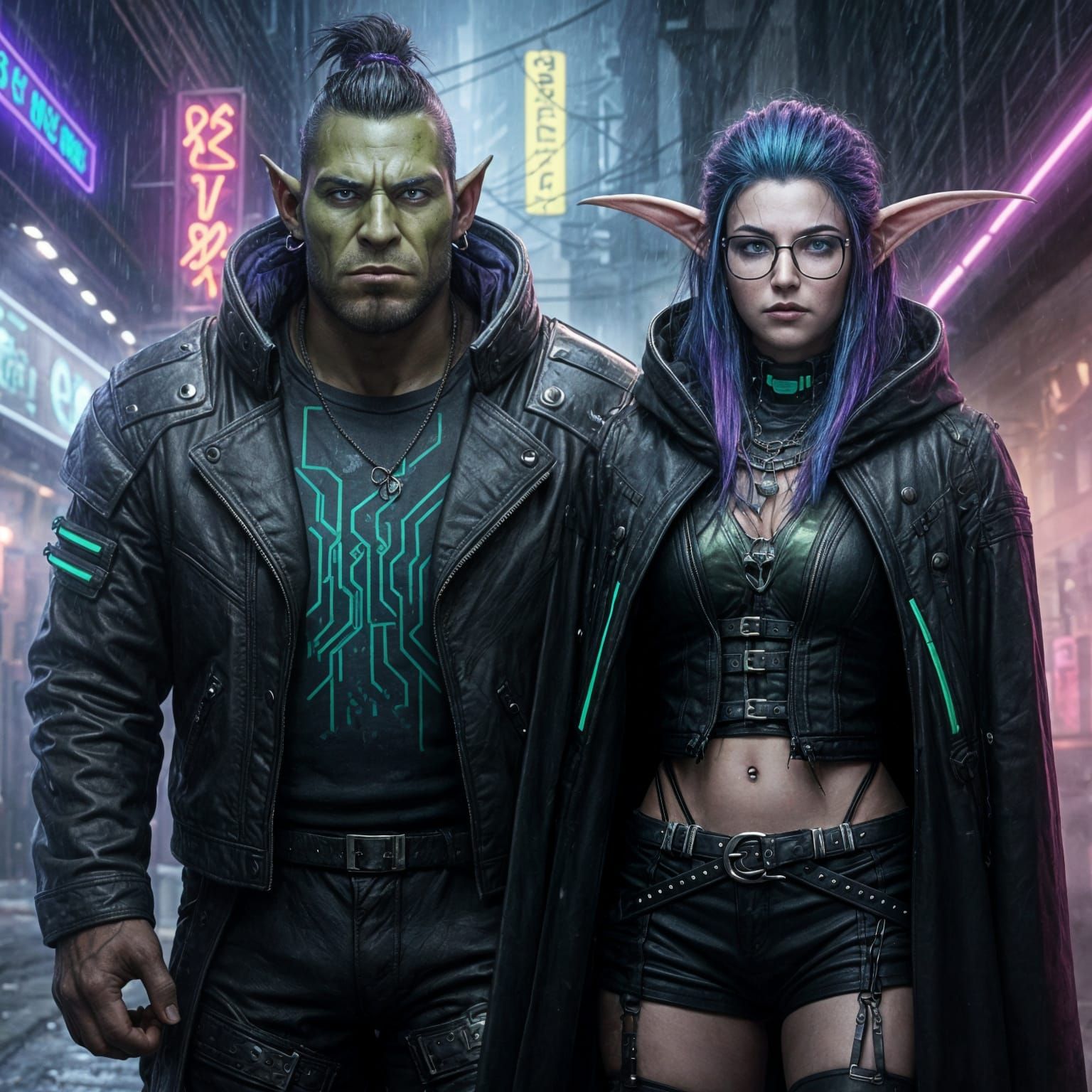 Cyberpunk Heroes in a Rain-Soaked Alleyway