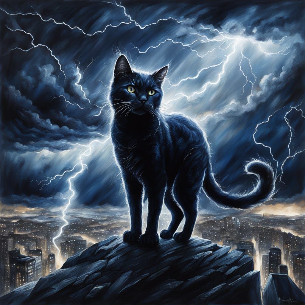 Stormy Night Panorama with Fluffy Cat Silhouette