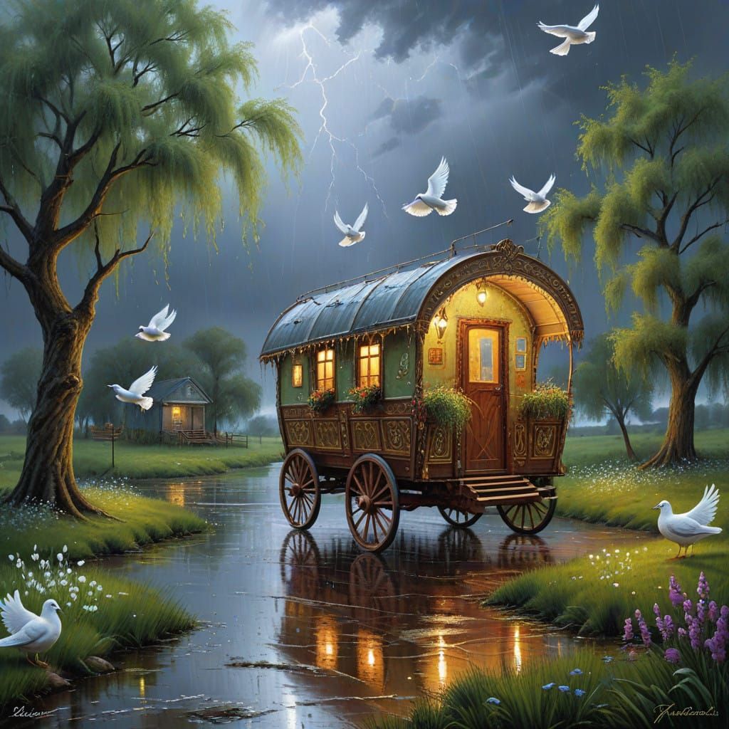 Ethereal Gypsy Caravan in a Metaphysical Rainstorm