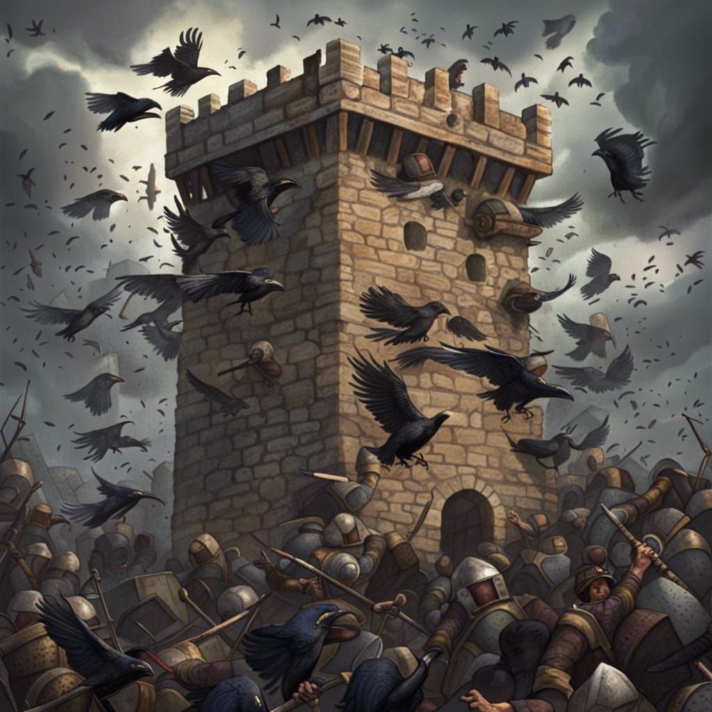 Ravens Attack Vikings Defending Stone Watchtower