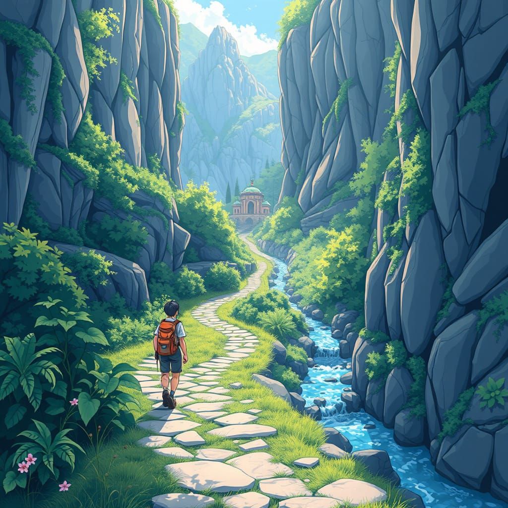 Serene Hiker Amidst Vibrant Greenery in Anime Art Style