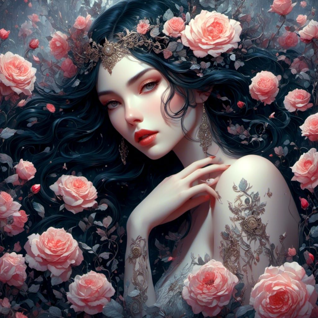 Ethereal Woman in Roses, Ink and Pencil Art