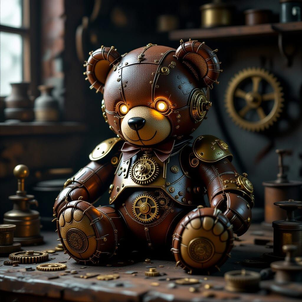 Steampunk Teddy Bear with Gears and Glowing Eyes