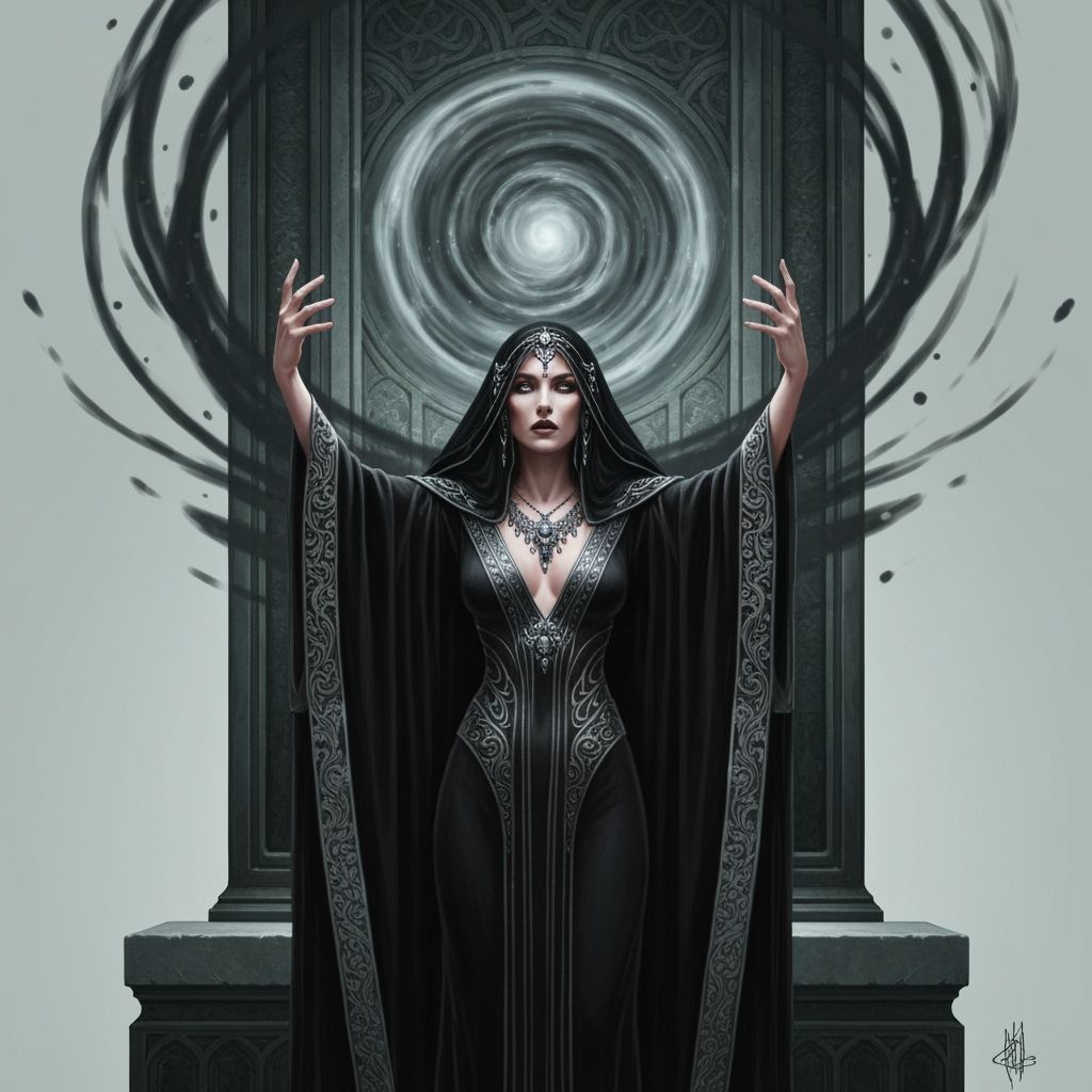 Drow Sorceress Summons Cosmic Vortex in Art Nouveau Style