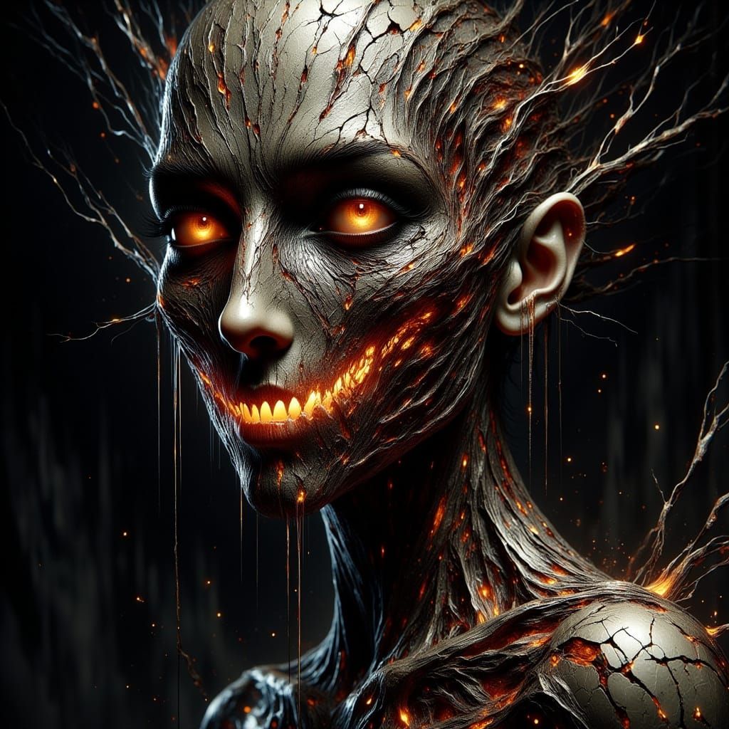 Dark Figure in Ink Lines with Glowing Cracks