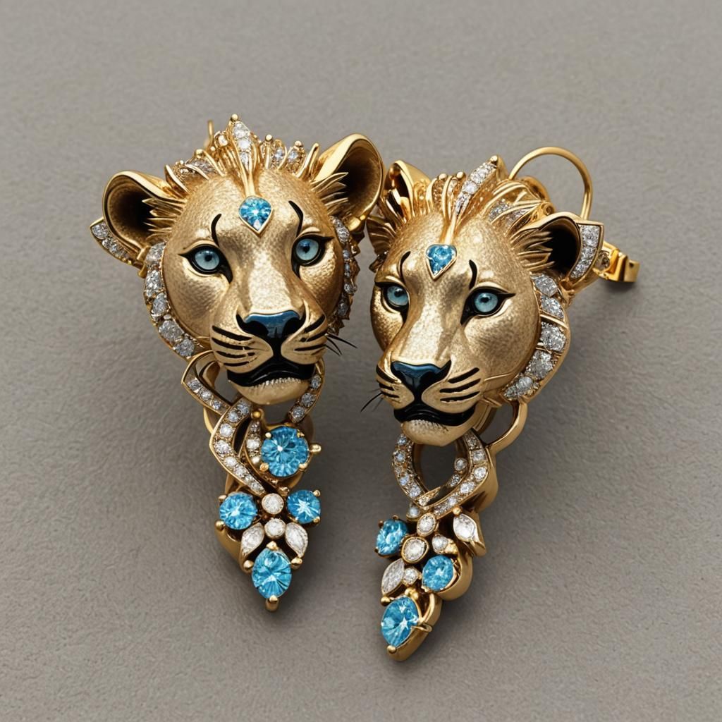 Lioness Head Earrings with Diamond Detailing