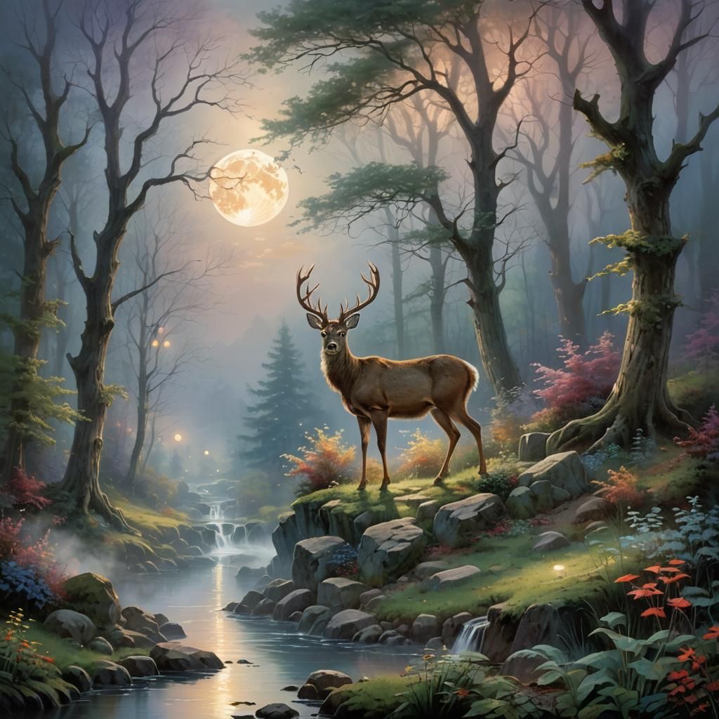 Deer in Woodland Scene Under Full Moon