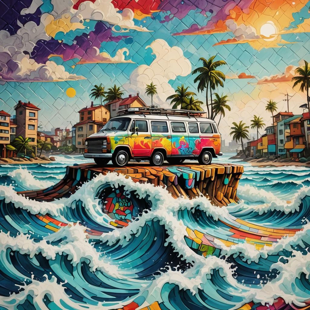Quilted Combi Van with Surfboard in Graffiti Art Style