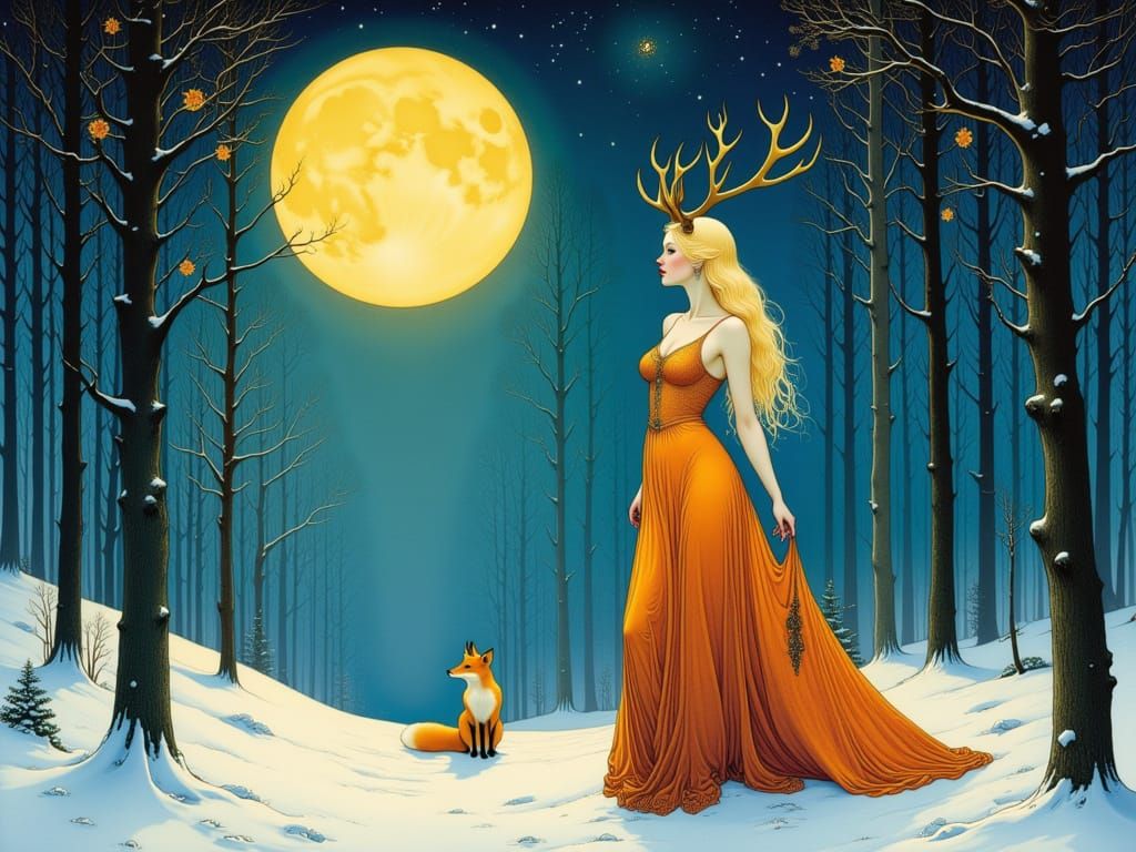 Blonde Woman with Antlers in Snowy Forest, Moonlit Night
