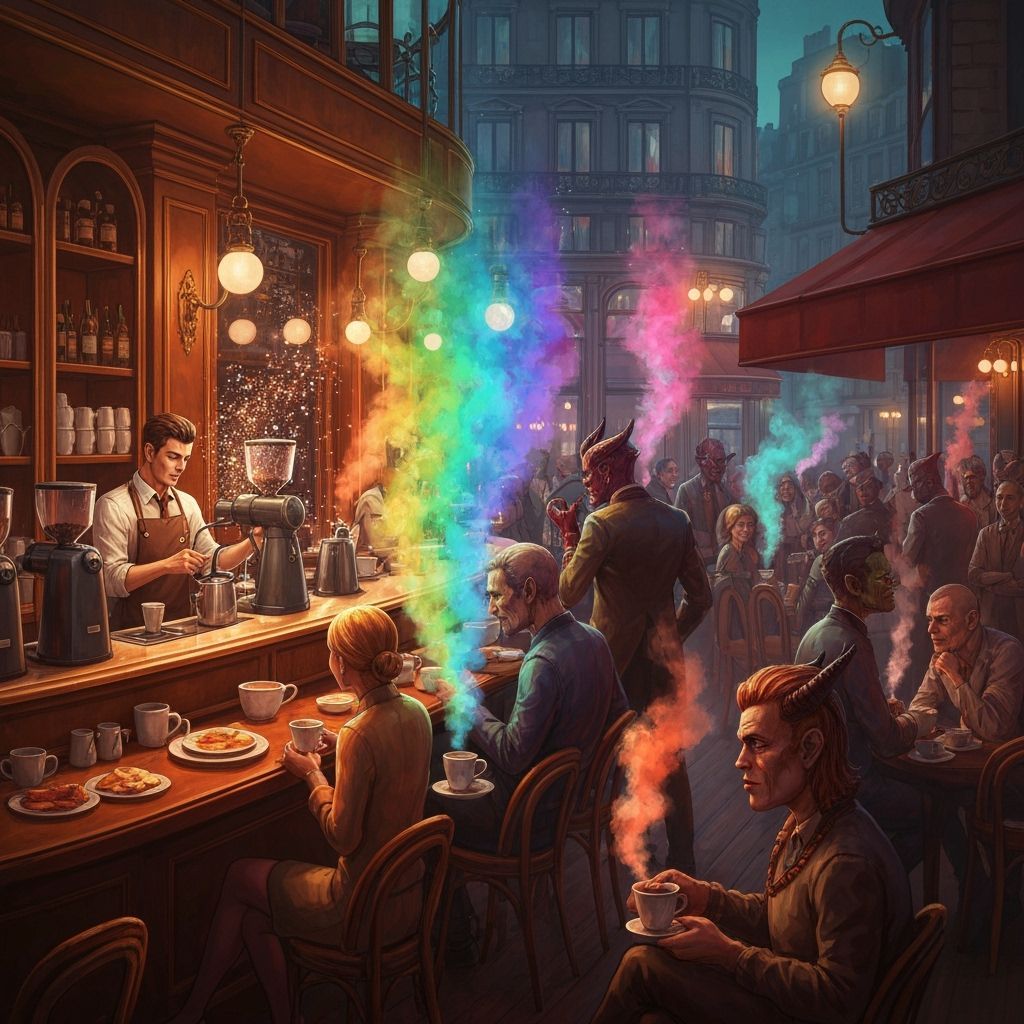 Bustling Parisian Cafe at Night with Fantasy Creatures