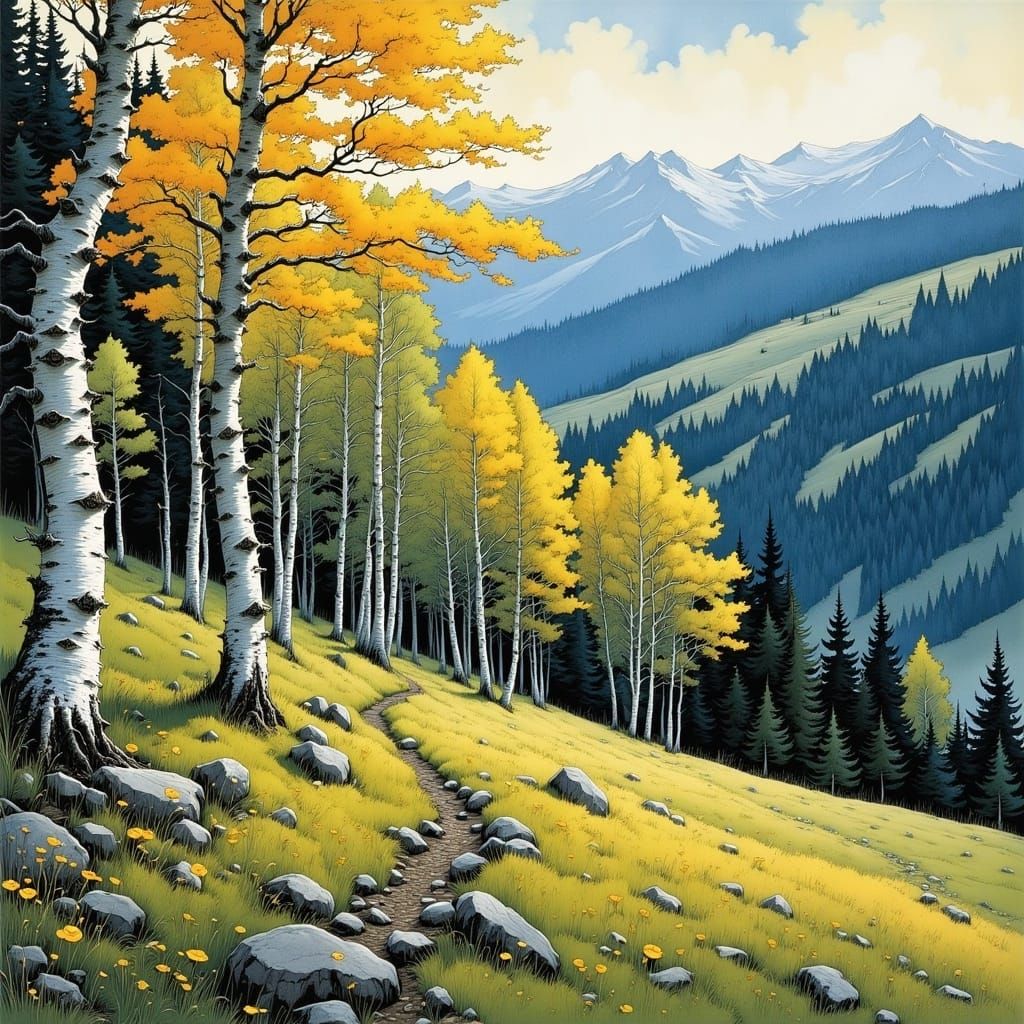 Blooming Aspens in Spring: Detailed Mountain Scene