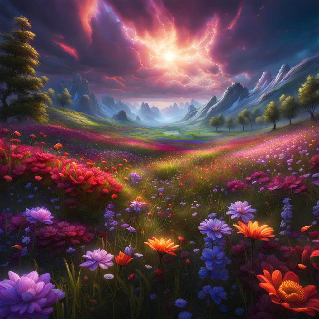 Fantasy Flower Meadow Under Stormy Sky