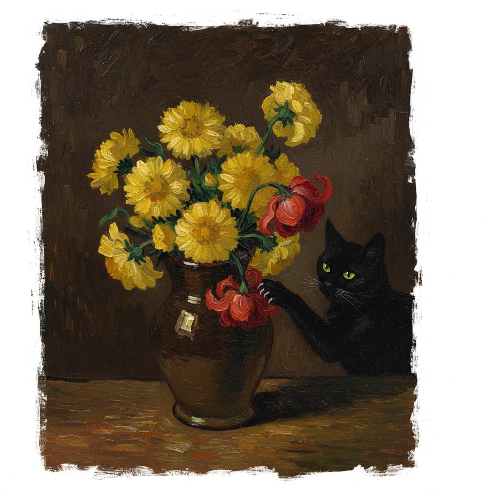 Van Gogh Parody: Cat and Yellow Flowers in Impasto Style