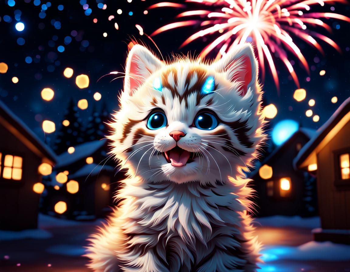 Bioluminescent Kitten Celebrates New Year in 3D Render