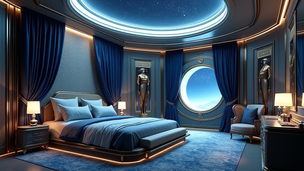 Egyptian Royal Spacecraft Stateroom in Futuristic Elegance
