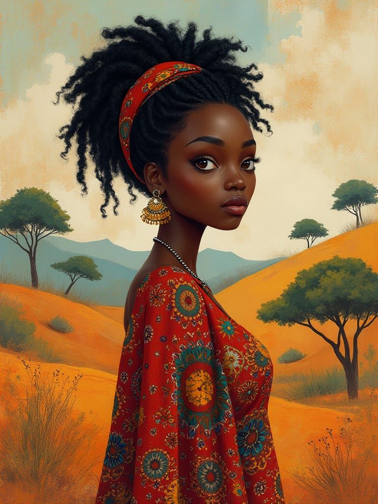 African Woman in Indian Landscape: Watercolor Art