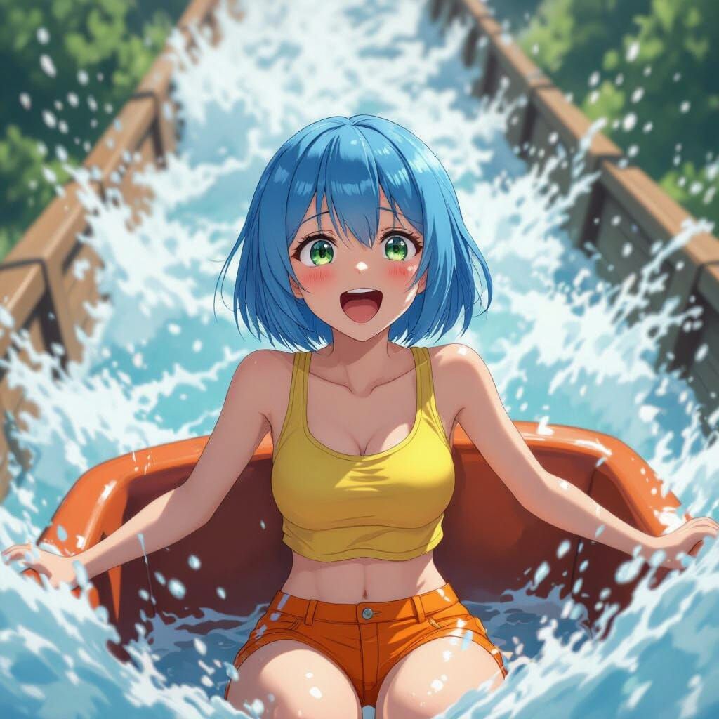 Anime Girl on Log Flume in 3D Style