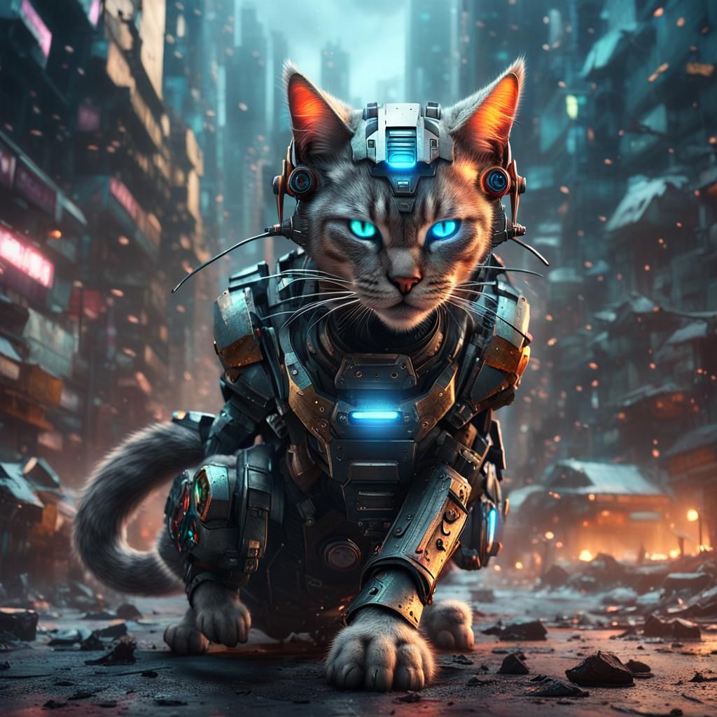 Cyberpunk Cyborg Cat in a Destruction Scene