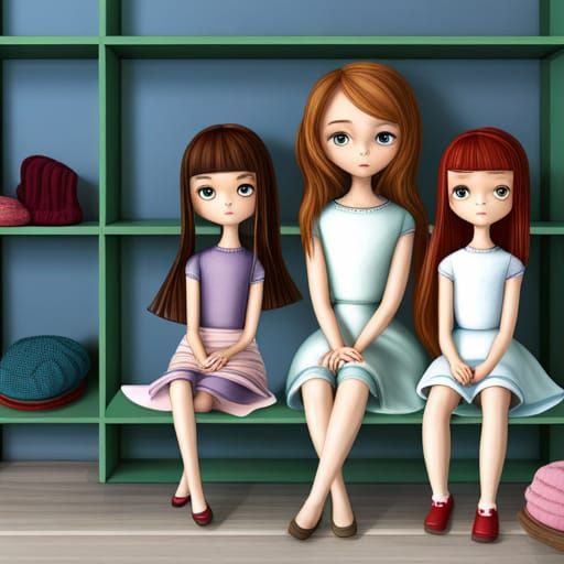 Dolls on a Shelf in Keane Surrealism Style