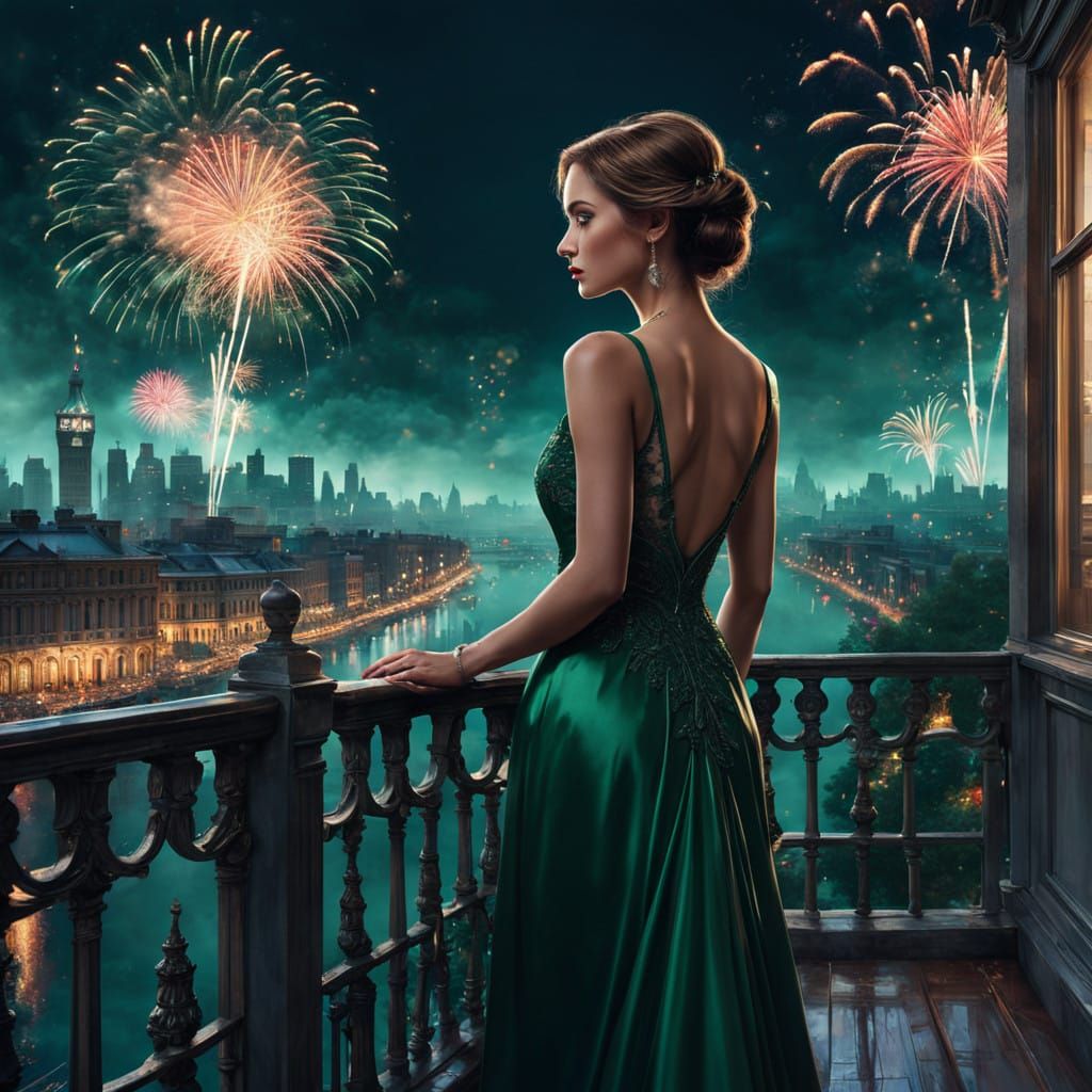 Emerald Goddess Gazing at Starry New Year's Night Sky