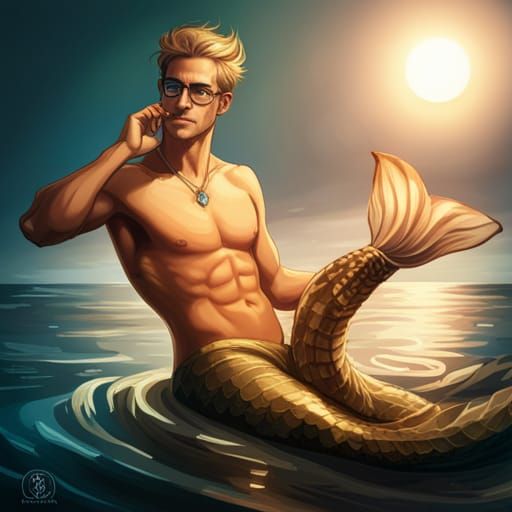 Blonde Merman with Gold Tail: Digital Art Portrait