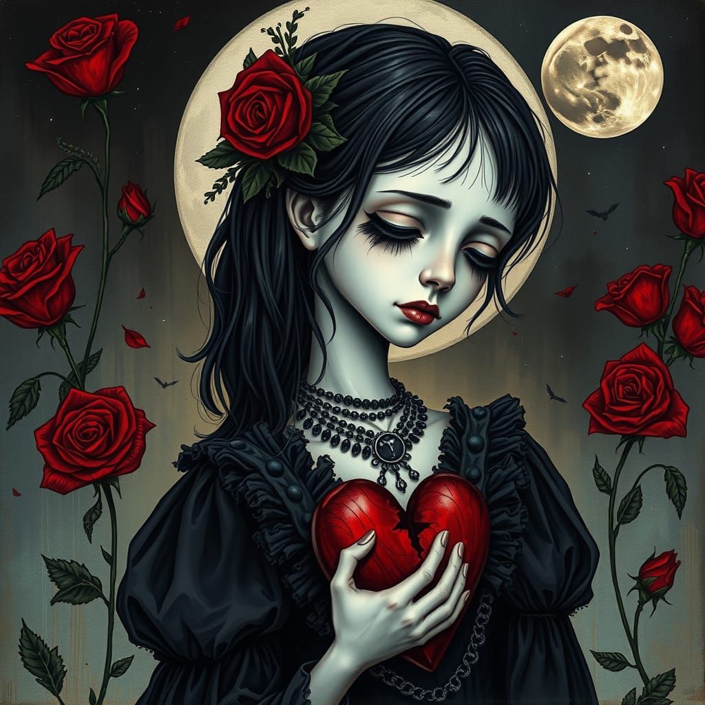 Sorrowful Goth Girl in Tattered Victorian Attire with Broken...