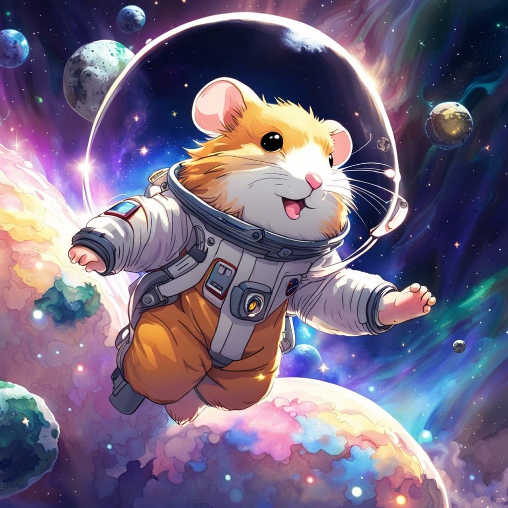 Hamster Astronaut Among Vibrant Galaxies, Anime Style