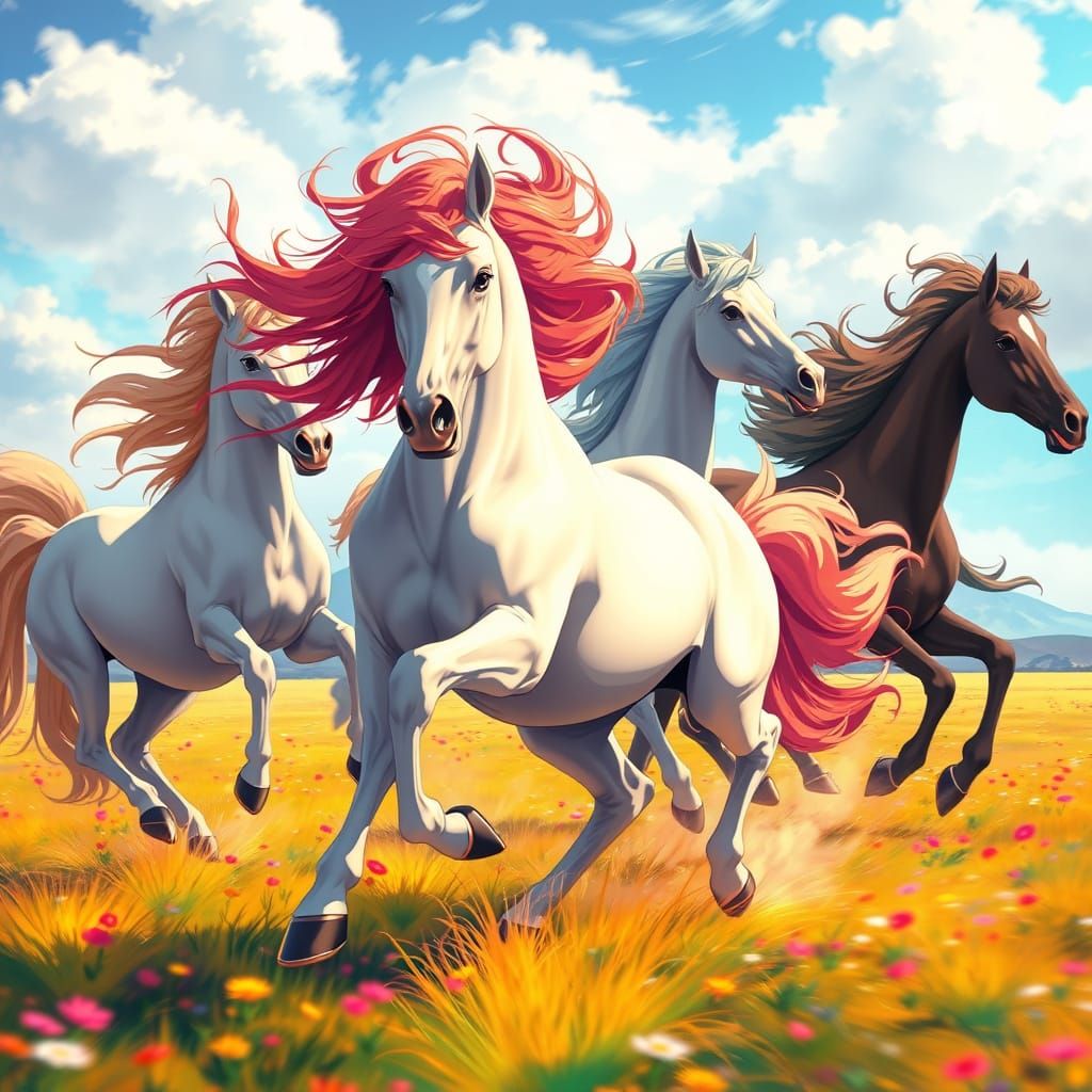 Galloping Horses in Anime Style Open Fields