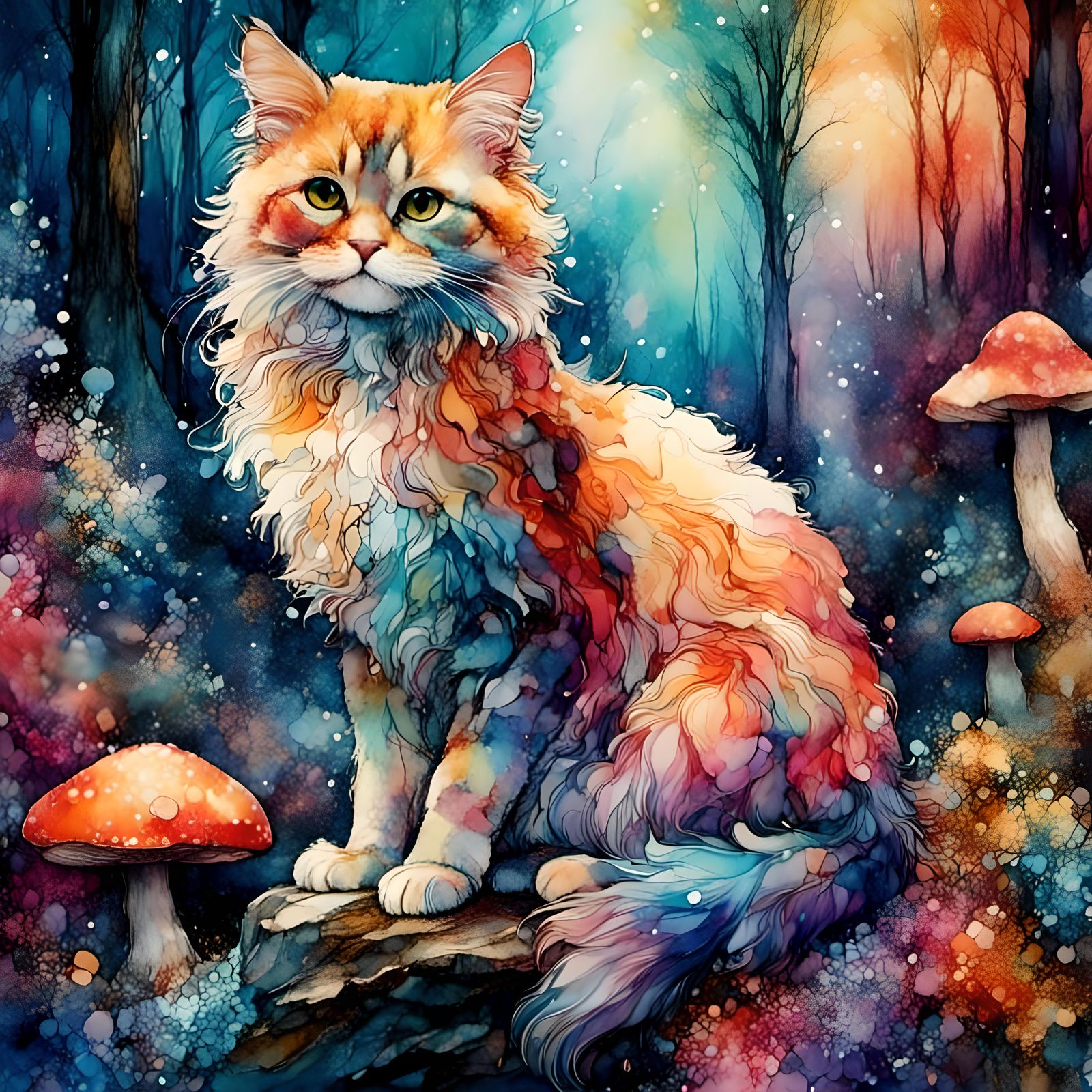 Rainbow Cat in Alcohol Ink Style