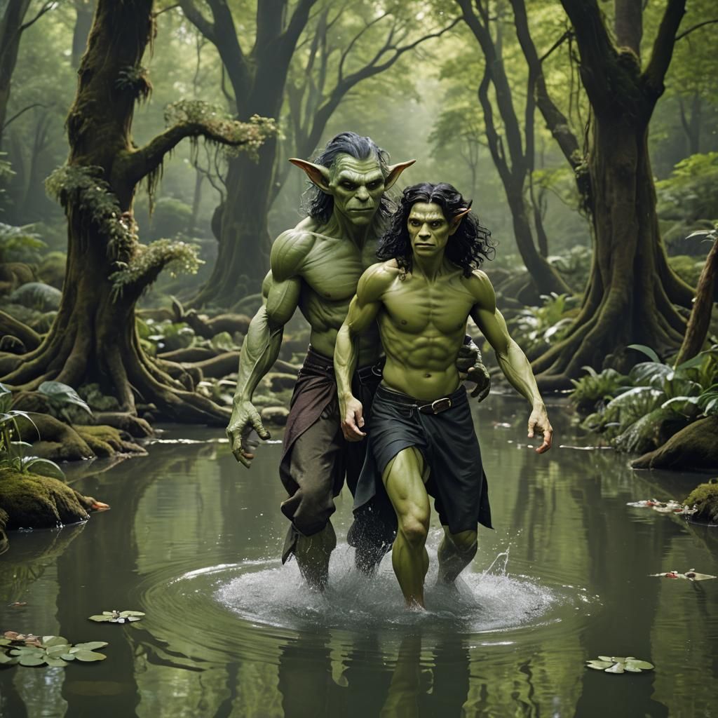 Goblin Menaces Woman in Surreal Forest Pond
